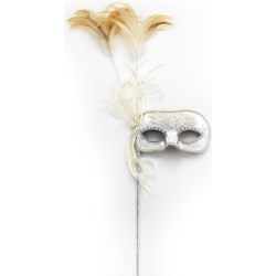 White Velvet Mask with Pearl Embroidery on Stick