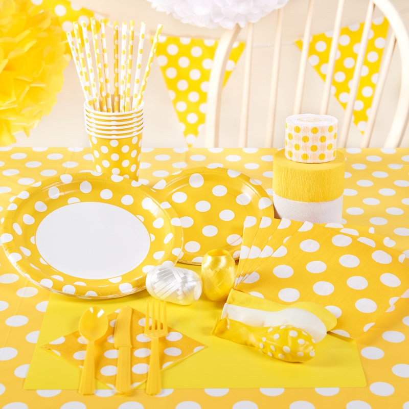 Yellow and White Dots Party Supplies for the 2022 Costume season.