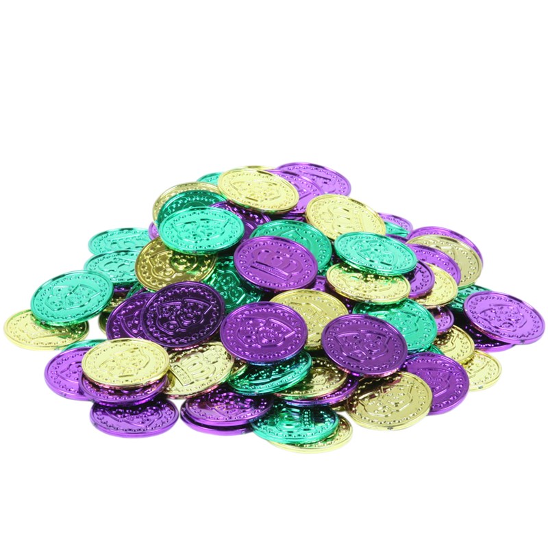 Mardi Gras Plastic Coins Asst. (Bag of 100) for the 2022 Costume season.