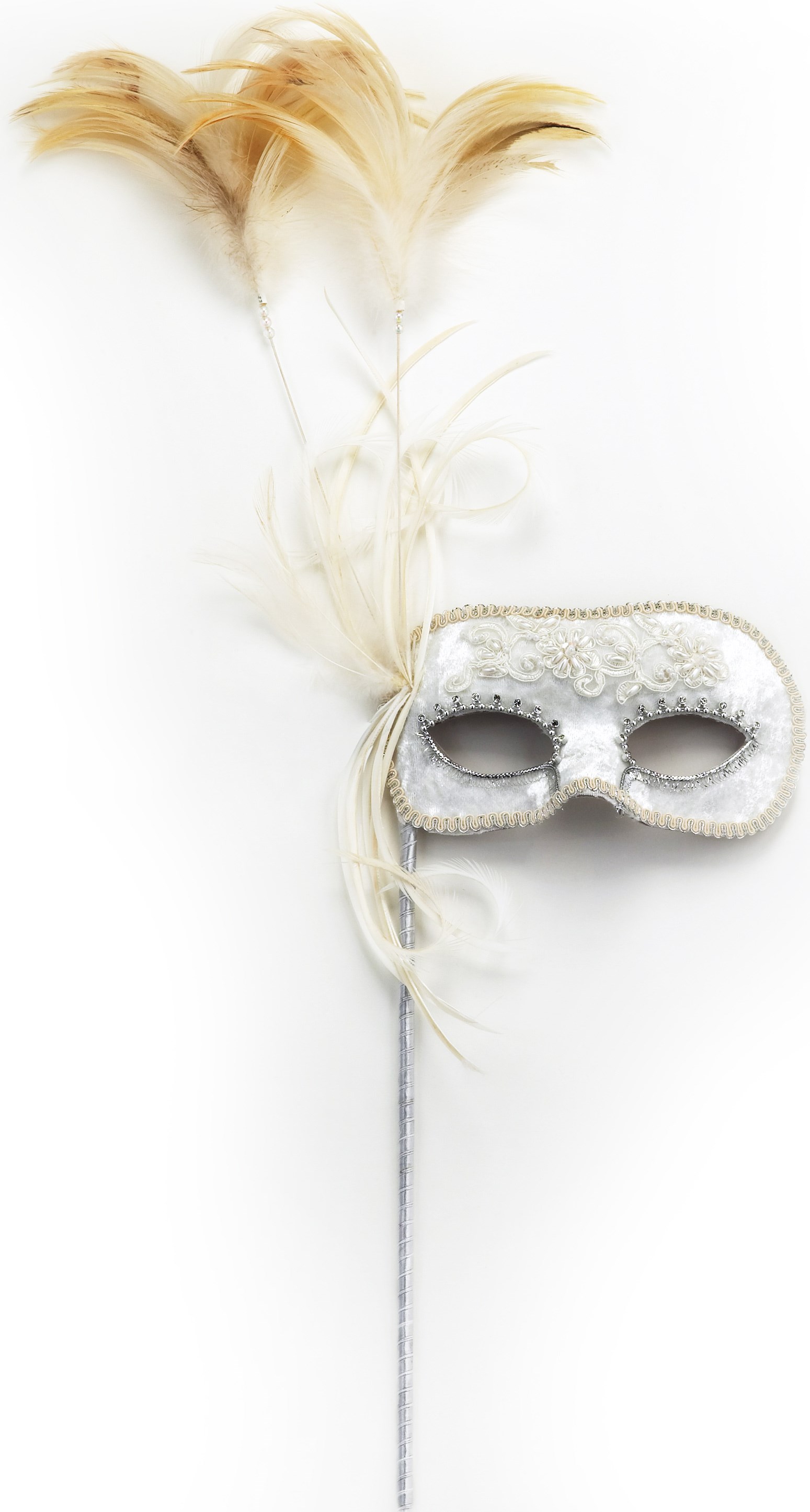 White Velvet Mask with Pearl Embroidery on Stick