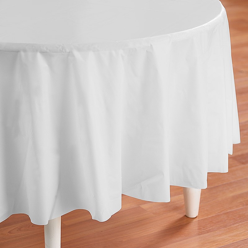 Bright White (White) Round Plastic Tablecover for the 2022 Costume season.