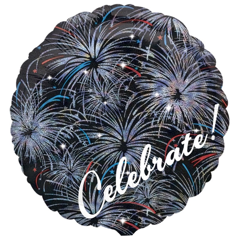 Celebrate   Fireworks Holographic Foil Balloon for the 2022 Costume season.