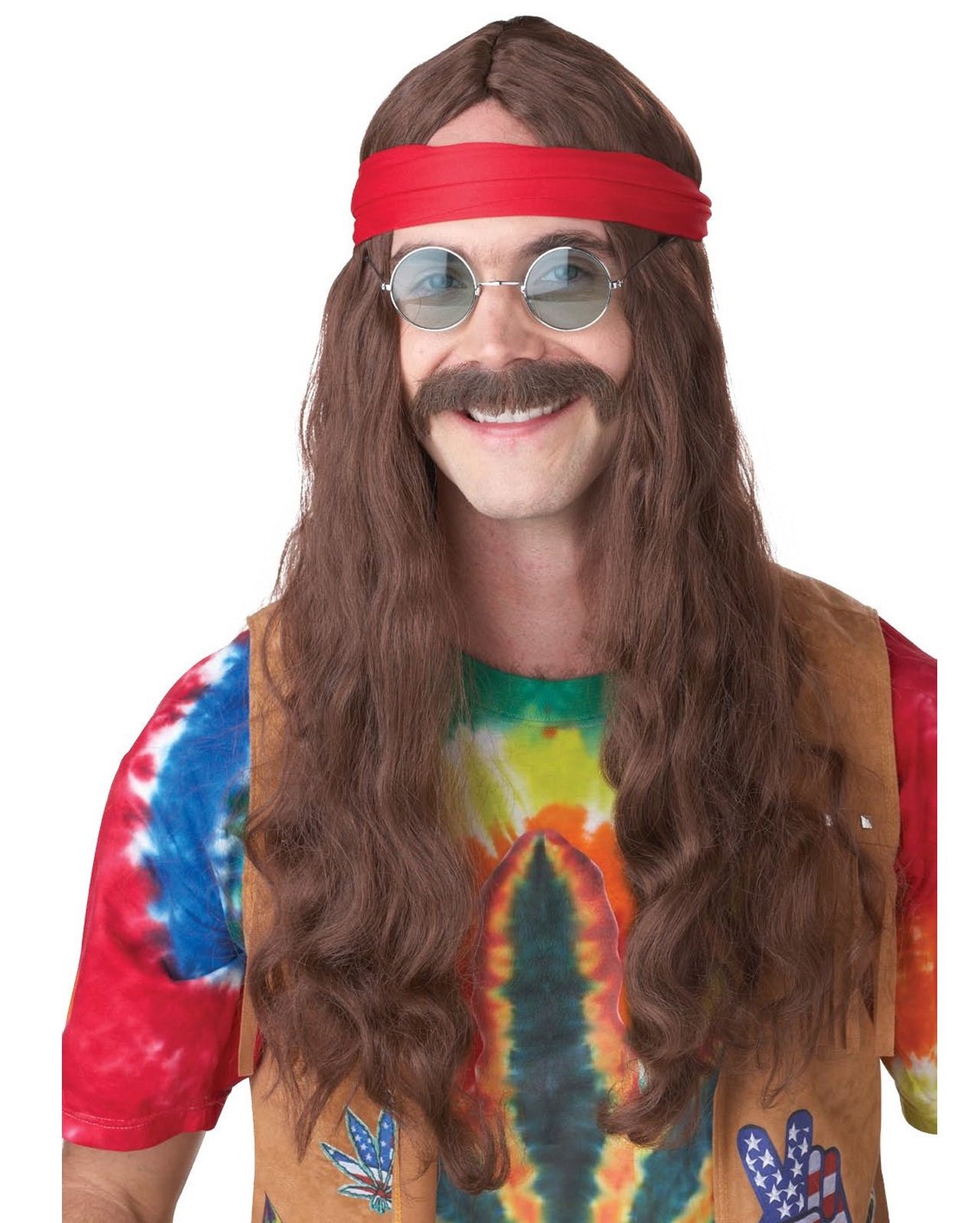Hippie Man Brown Adult Wig and Moustache