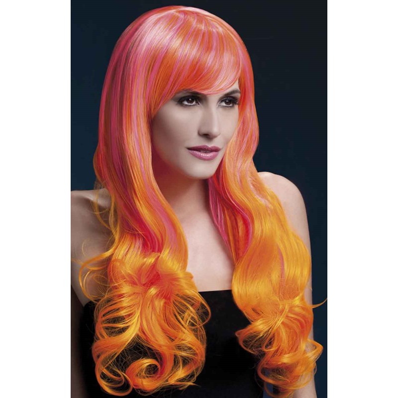 Fever Emily Trendy Long 2 Tone Pink And Orange Wig With Bangs for the 2022 Costume season.