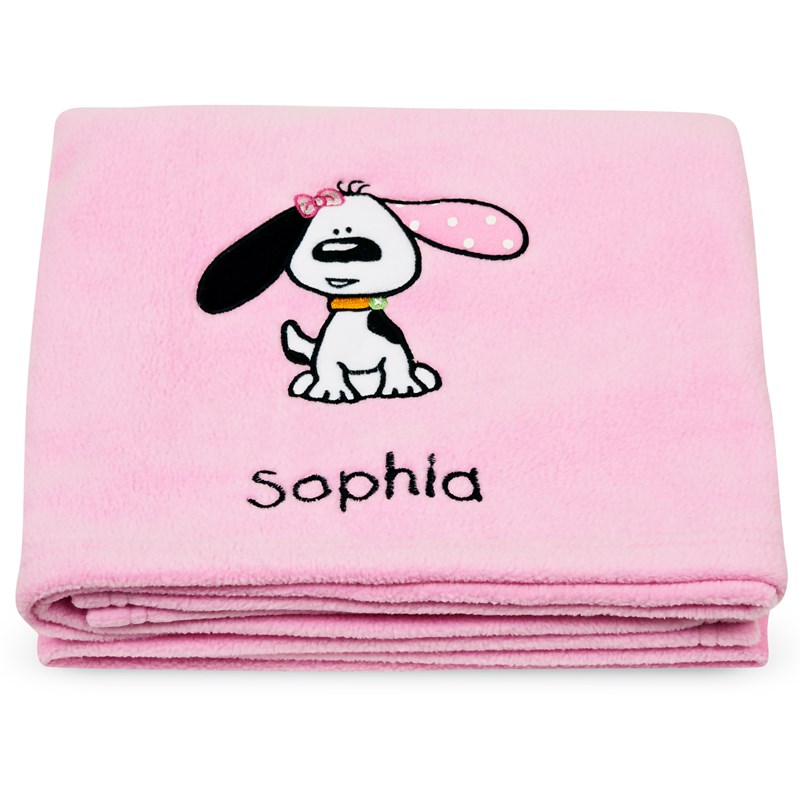 Playful Puppy Pink Applique Fleece Blanket   Embroidered for the 2022 Costume season.