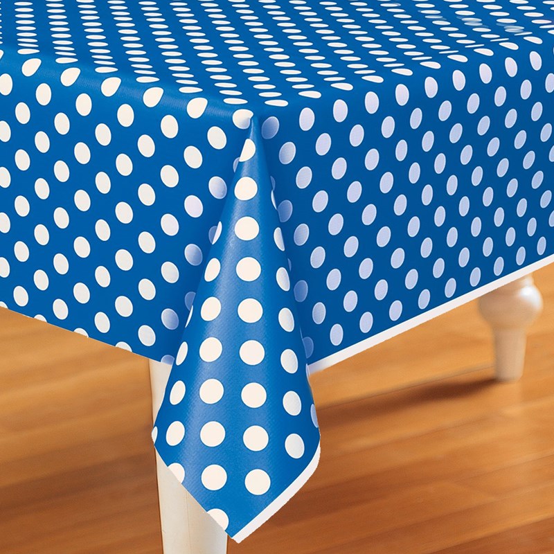 Blue and White Dots Plastic Tablecover for the 2022 Costume season.