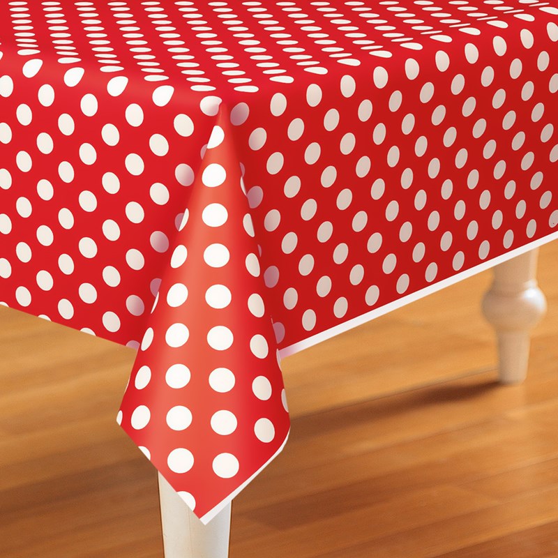 Red and White Dots Plastic Tablecover for the 2022 Costume season.