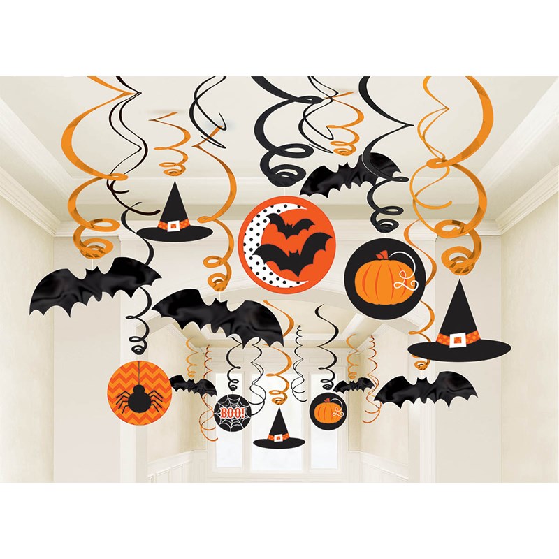 Halloween Value Pack Ceiling Swirl Foil Decorations for the 2022 Costume season.