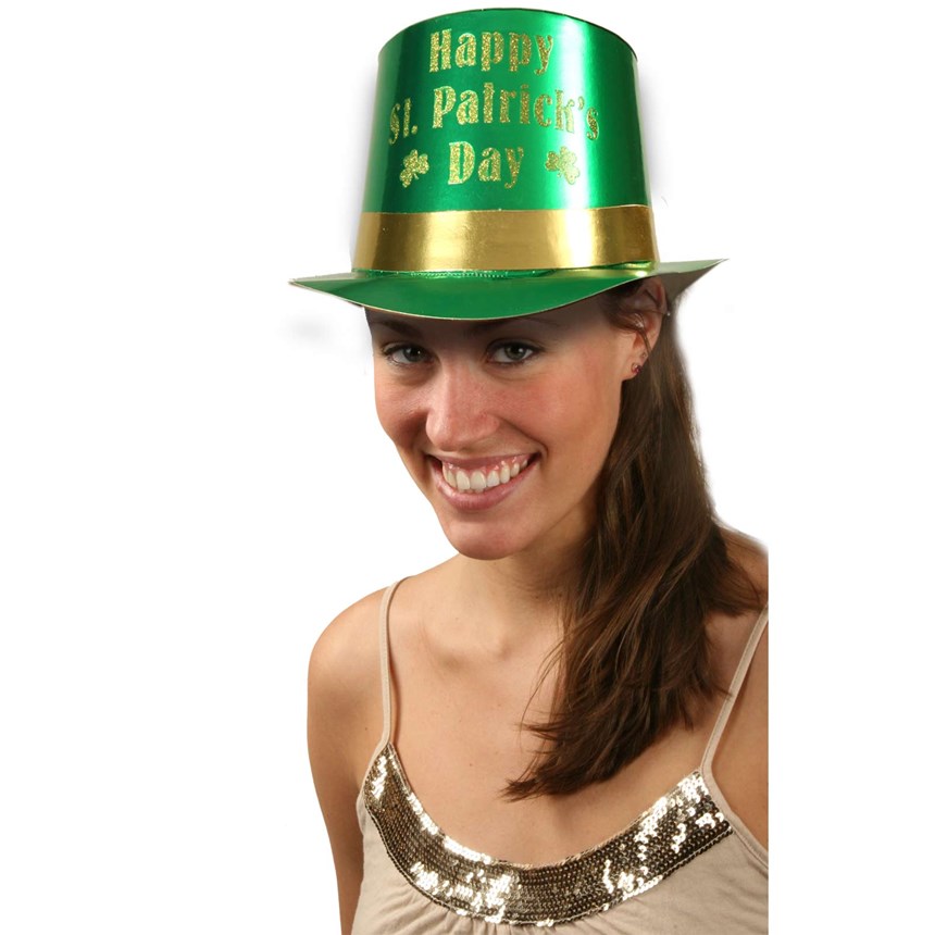 Halloween Costumes St. Patricks Green Foil Top Hat with Gold Glitter